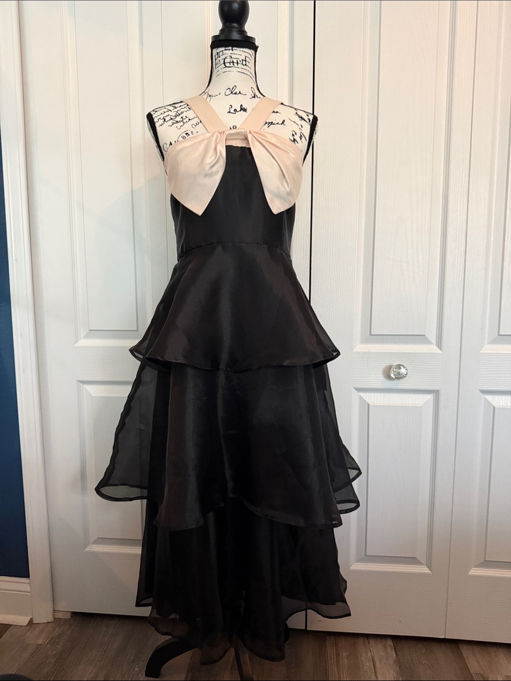 Lulu's Black Tiered Organza Dress with Blush Bow